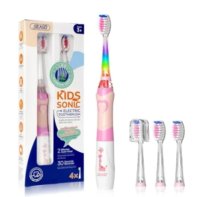 Afbeelding van Seago Sonic SG513 Elektrische tandenborstel voor kinderen ouder dan 3 jaar, sonische met ledlicht, intelligente timer, IPX7 waterdicht, cadeau baby&#039;s (roze)