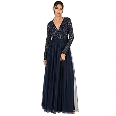 Afbeelding van Maya Deluxe Dames Maxi Jurk Lange Mouwen V Hals Plunging Sequin Verfraaid voor Bruiloft Gast Bruidsmeisje Prom, marineblauw, 38