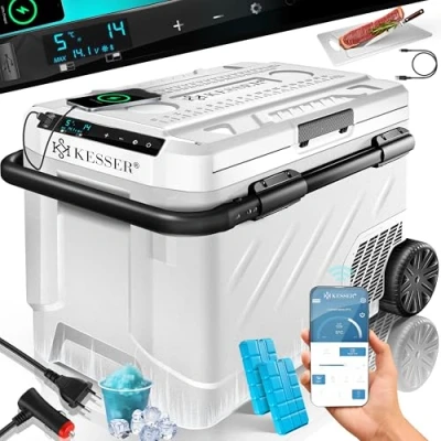 Afbeelding van KESSER® Elektrische compressorkoelbox, 41 liter, met led touch, app besturing en koelaccu, USB aansluiting, 12/24 V, 230 koelkast koeling tot 20 C, voor auto, vrachtwagen, wit, zwart