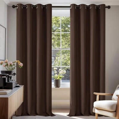 Afbeelding van Deconovo Verduisterende Gordijnen voor de Woonkamer, Thermische met Oogjes, Blackout Stof, 140x290 cm (B x H), Chocolade, 2 Stuks