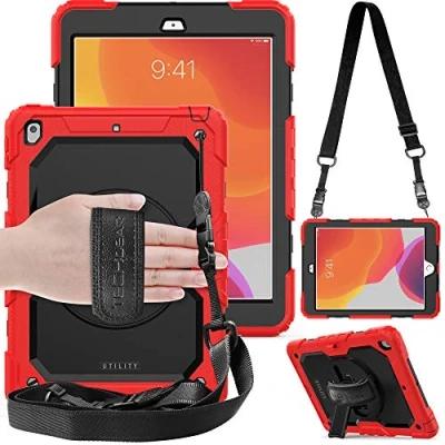 Afbeelding van TECHGEAR UTILITY hoes Compatibel met iPad 10.2 2020/2019 [8e / 7e generatie] Stoere, Robuuste, Schokbestendige Hoesje 360 Roterende Stand, Handriem en Schouderriem Case Rood