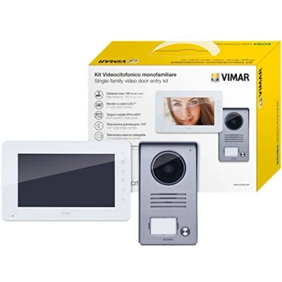 Afbeelding van Vimar K40910 videospreekalageset bevat handsfree videotelefoon LCD 7 in, 1 knop beltablet met regenbescherming, netvoeding 24Vdc 1A verwisselbare stekkers EU BS US AU standaard
