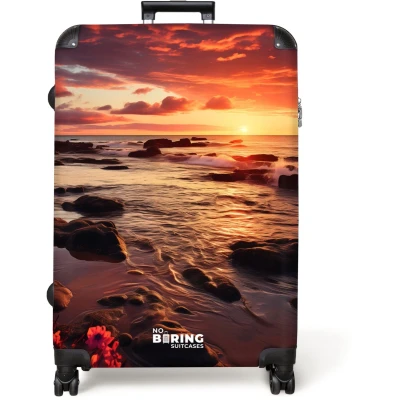 Afbeelding van NoBoringSuitcases.com® Koffer groot Reiskoffer lichtgewicht Rotsachtig strand bij zonsondergang Rolkoffer met 4 wielen Grote trolley XL 98 liter bagage