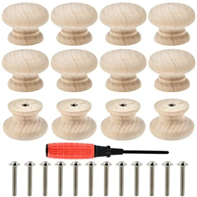 Afbeelding van Meubelknoppen van natuurlijk hout, 12 stuks, ronde houten knoppen voor deuren, 3,5 x 2,5 cm, handgreep, ladeknoppen met schroevendraaier, lange schroeven kasten, nachtkastjes, keuken