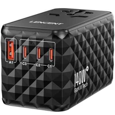 Afbeelding van LENCENT 140W Reisadapter Wereldwijd, GaN3 Snellader Universele Reisstekker met 3 PD3.1 Type C+1 QC USB A, Alles in één Internationale Stekker voor Telefoons, 200+ Landen, EU UK DE VS A/C/G/I