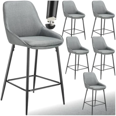 Afbeelding van tectake® Set van 6 Barkrukken Siera Gestoffeerde Barkruk met rugleuning Barstoelen Barstoel voetensteun Eetkamerstoel stoffen bekleding en zachte schuimvulling Stevige stalen poten antislip vloerbescherming Grijs/Zwart