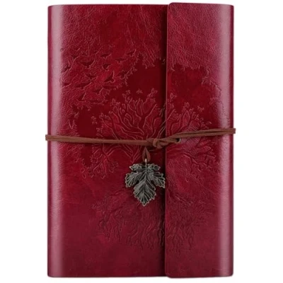 Afbeelding van PU lederen dagboek notebook, blanco pagina&#039;s hervulbare vintage schetsboek reis notebook cadeau voor meisjes jongens dames heren 9,2 x 6,5 inch rood