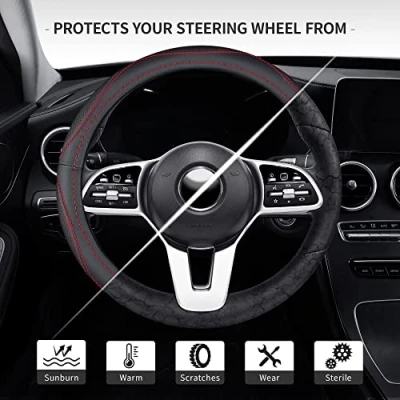 Afbeelding van Microfiber lederen 15 inch universele pasvorm auto stuurhoes elastisch ademend en geurloos, zwart met rood accent