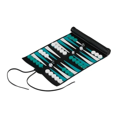 Afbeelding van backgammon reiseditie oprolbaar met acccessoires kunstleer turquoise zwart
