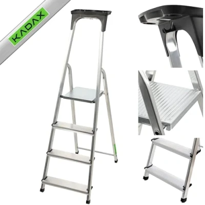Afbeelding van KADAX aluminium ladder, staande ladder tot 125 kg, vouwladder voor senioren, veiligheidsladder, inklapbare met plank, vouwladder, (4 treden)
