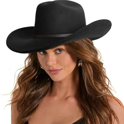Afbeelding van DRESHOW Cowboy Hoed Dames Western Cowboyhoeden Retro Fedora Shapeable Gevoelde Brede Rand Vilt Cowgirl met Gesp Riem Unisex Opgerolde