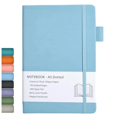Afbeelding van Dotted Notebook A5, Hard Cover gestippeld Journal met Premium 100 GSM dik papier, binnenzak, elastisch gebonden, kunstlederen hoes, 192 pagina&#039;s, 14,5 x 8,4 inch (blauw)