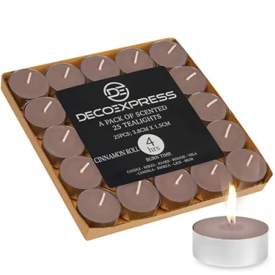 Afbeelding van DECO EXPRESS Theelichtkaarsen Multipack van 200, 100, 50, 25 of 24, brandtijd 4, 8 10 uur, theelichtjes kaarsen (kaneelrol 25/4 uur)