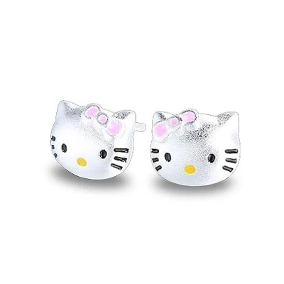 Afbeelding van Kaguyo zilveren oorbellen voor vrouwen, 925 sterling zilver Hello Kitty oorbellen, zirkonia schattige kat stud vrouwen meisjes kinderen, verjaardagscadeau (Kitty C)