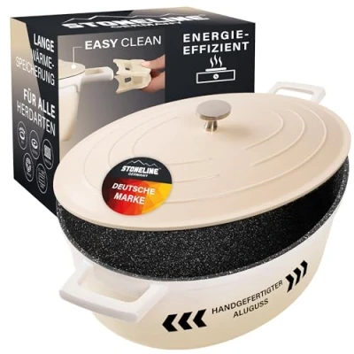 Afbeelding van STONELINE Cocotte braadpan met deksel, inductie, 32 cm, 6,6 l, gegoten aluminium pan gecoat echte steendeeltjes, braadpan, stoofpan geschikt voor de oven, alle warmtebronnen,