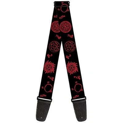 Afbeelding van Buckle Down Gitaarband Supernatural symbolen verspreid zwart/rood 5,1 cm breed 73,7 137,2 lang