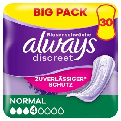 Afbeelding van Always Discreet incontinentie inzetstukken voor vrouwen, normaal, 30 stuks, rondom bescherming, ongelooflijke discretie
