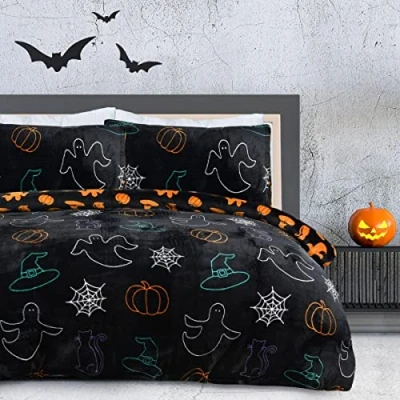 Afbeelding van Sleepdown Halloween Spooky Ghost Zwart Oranje Flanel Fleece Omkeerbaar Dekbedovertrek Quilt Beddengoed Set met Kussenslopen Warm Zacht Gemakkelijk Onderhoud Dubbel (200cm x 200cm),