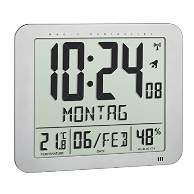 Afbeelding van TFA Dostmann 60.4516.54 Digitale radioklok, met binnenklimaat, aangekondigde dag van de week (10 talen), 2 wekfuncties, als tafelklok of om op te hangen, zilver, 248 x 25 206 mm (l b h)