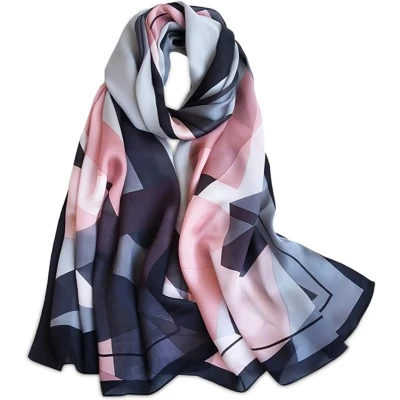 Afbeelding van zijden sjaal voor dames, warme en zachte stof, herfst winterretroprint, geometrisch streeppatroon, lange hals, kleding, zonwerende het hele jaar door