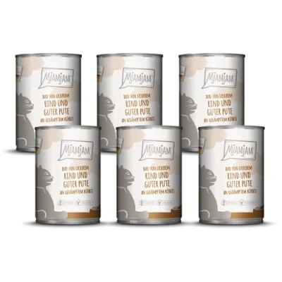 Afbeelding van MjAMjAM Premium natvoer voor katten DUO van heerlijk rundvlees &amp; goede kalkoen met gestoomde pompoen, pak 6 (6 x 400 g), graanvrij extra vlees