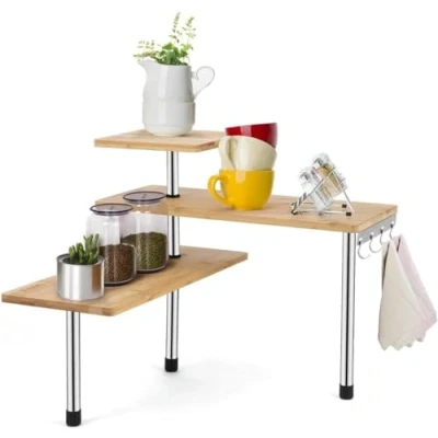 Afbeelding van Avilia Hoekrek van bamboe met 3 planken en stalen frame, multifunctioneel kruidenrek haken, ideaal voor specerijen, specerijen gebruiksvoorwerpen
