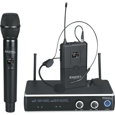 Afbeelding van IBIZA DR20UHF 2 kanaals UHF dubbele draadloze microfoon draadloos systeem met handmicrofoon en headset