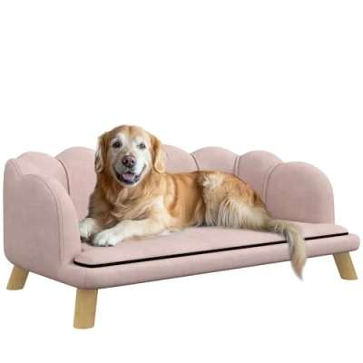 Afbeelding van PawHut Hondensofa, hondenbank, wasbare overtrek, huisdierbank met rugleuning en houten poten, kattenbank, voor middelgrote honden onder 25 kg, roze