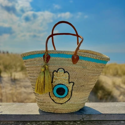 Afbeelding van Bohemida Rieten Tas met franjes Boho Ibiza Shopper tas/Strandtas Hamsa Hand Pailletten Afsluitbaar Handgemaakt