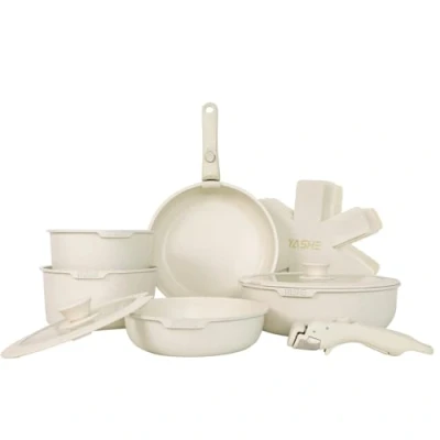 Afbeelding van YASHE 13 STKS Potten en Pannen Set Non Stick, Inductie Kookgerei Set, Keuken Sets met Afneembare Handvat, Vaatwasser &amp; Oven Veilig, Crème Wit
