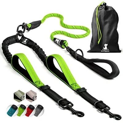 Afbeelding van SparklyPets dubbele hondenriem voor 2 honden touw bungee middelgrote en grote met gewatteerde handgrepen, geen wirwar reflecterende strepen (groen, honden)