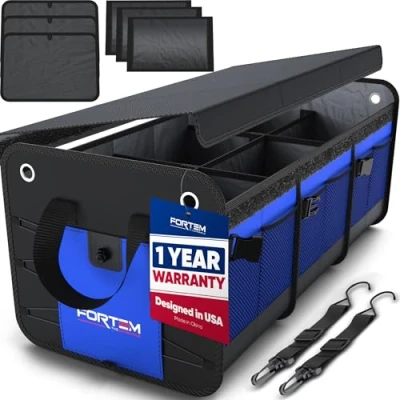 Afbeelding van FORTEM Auto Organizer, SUV Kofferbak Achterbak Opvouwbare Organizer met Vakken, Antislip Bodem, Verstelbare Bevestigingsriempjes, Opvouwbaar Deksel (3 Compartimenten, Blauw)