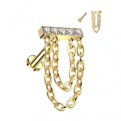 Afbeelding van Piercing balkje gemmed met ketting hanger 1.2x8 goud