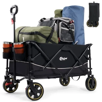 Afbeelding van Portal Bolderkar, opvouwbaar, XXL, groot laadvlak, belastbaar tot 120 kg, handwagen met bekerhouder, zijvak, transportwagen, ladderwagen, inklapbaar, strandwagen, vouwwagen voor tuin, camping
