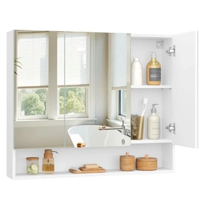 Afbeelding van VASAGLE badkamermeubel met 3 deuren, spiegelkast, badkamermeubel, open vak, verstelbare planken, 16,5 x 90 75 cm, wolkenwit BBK130W01