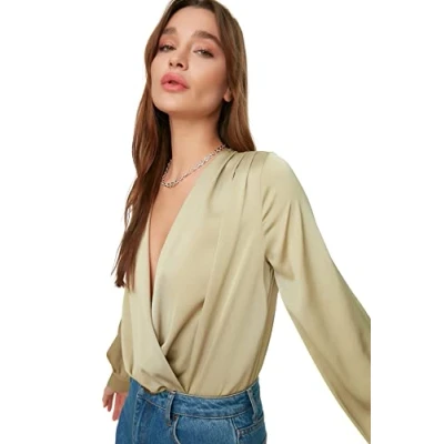 Afbeelding van Trendyol Vrouwen Ballon mouw Cache coeur Mintkleurige satijnen geweven body met dubbele rij knopen TOFAW19BB0678