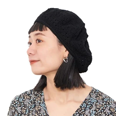 Afbeelding van dames heren Franse baret hoed zomer hand gebreide hoeden 100% katoen beanie baretten gehaakte caps, Zwart, One size