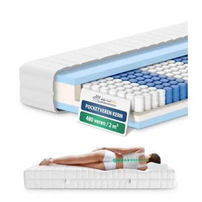 Afbeelding van AM Qualitätsmatratzen Orthopedisch 7 zone Pocketveringmatras 140x200 cm Zacht (H2) 20cm matras met orthopedische ligzones OEKO TEX 140 x 200 480 veren