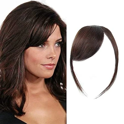 Afbeelding van Dikke pony aan de zijkant van echt haar, 100% pony, zijpony, rechte franjes, haarverlengingen (Donker bruin kleur, met tempels)