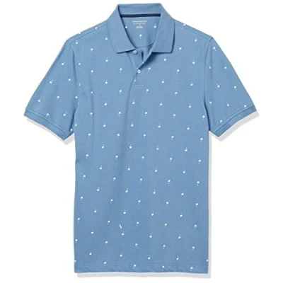 Afbeelding van Amazon Essentials Men&#039;s Poloshirt van piqué katoen met slanke pasvorm, Blauw Palmboomprint, M