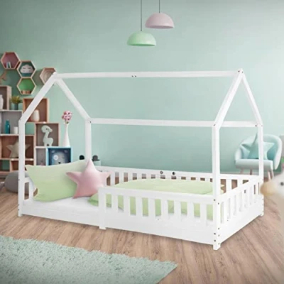 Afbeelding van Kinderbed met uitvalbeveiliging lattenbodem en dak 200x90 cm wit grenen hout ML Design