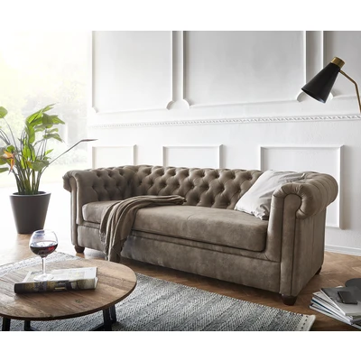 Afbeelding van Bank Chesterfield taupe suède look gewatteerd uit 3 zits