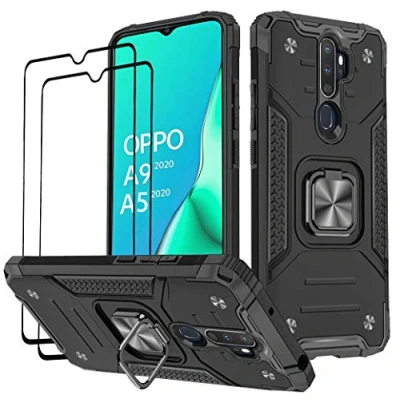 Afbeelding van KANSI Hoesje compatibel met Oppo A9 2020 / A5 2020, Gehard glas [2 stuks] Beschermende siliconen TPU Schokbestendig Stevige hardcover voor Zwart