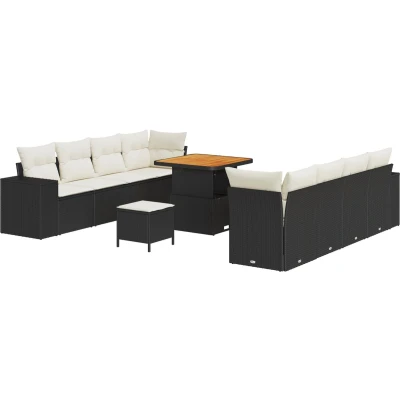 Afbeelding van vidaXL 11 delige Tuin Sofa Set met Kussens Zwart Poly Riet Acacia, 3 Eet Acacia