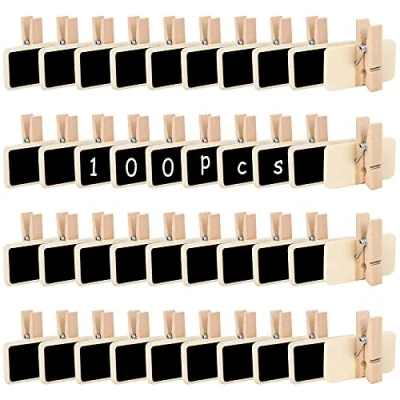 Afbeelding van mini schoolbord, 100 stuks houten displaybord met klem, geheugenborden, leisteen voor memo, bruiloft, voedseletiket (rechthoekige vorm)