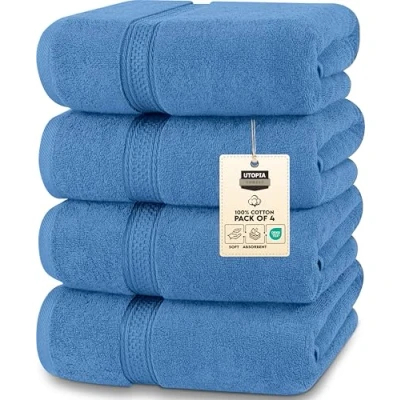 Afbeelding van Utopia Towels Badhanddoeken Set, elektrisch blauw Premium 600 GSM 100% ring gesponnen katoen sneldrogend, zeer absorberend, zacht aanvoelende handdoeken, perfect voor dagelijks gebruik (4 pack)
