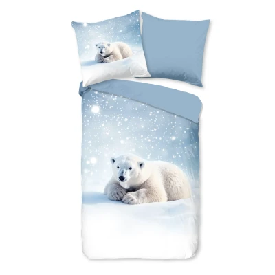 Afbeelding van Kinderdekbedovertrek 135x200 cm IJsbeer en Sneeuw Print Blauw 1 Persoons 100% Katoen Flanel