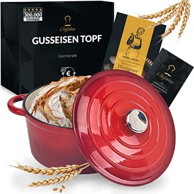 Afbeelding van gietijzeren pan, brood bakken 24 cm 3,5 l stoofpan gietijzer geëmailleerd voor stoven, en braden broodbakpan met deksel, inductie braadpan (rood)