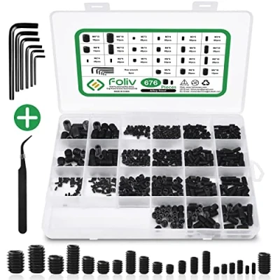 Afbeelding van Foliv 676 stuks madenschroeven assortiment set M2, M3, M4, M5, M6, M8, madenbouten, binnenzeskant, schroefdraadpennen DIN 913, zeskantkop schroeven met moersleutel voor deurgreep, deurklink, houder
