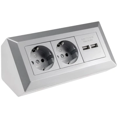 Afbeelding van ChiliTec Stekkerblok, hoekstopcontact, 2 voudig, geaard stopcontact, x USB A, 3,1 opbouw en onderbouw, montage in keuken, kantoor, werkplaats, zilvergrijs